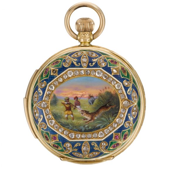 Swiss minute repeating half hunter with automaton Circa 1910 Swiss minute repeating half hunter with automaton Circa 1910