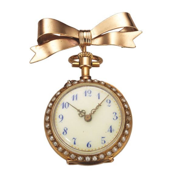 Swiss gold pearls and champlevé enamel pendant watch Circa 1900