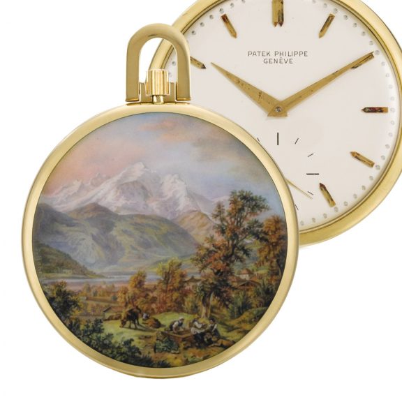 Unique Swiss gold lever with enamel painted scene Circa 1969