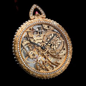 Swiss gold diamond pearl set skeletonized watch Circa 1980