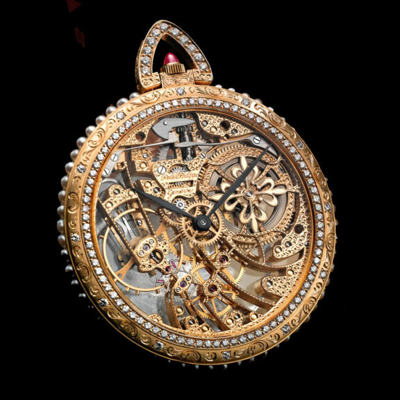 Swiss gold diamond pearl set skeletonized watch Circa 1980