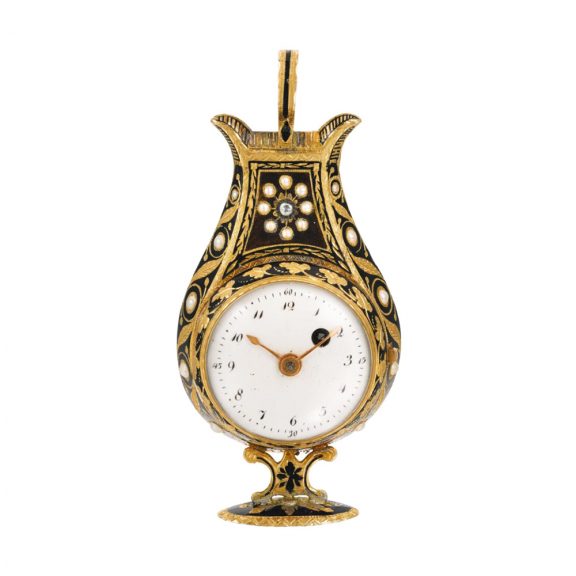 Swiss gold enamel and pearl set lyre-form watch Circa 1810 Swiss gold enamel and pearl set lyre-form watch Circa 1810