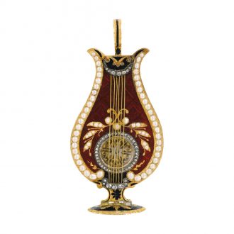 Swiss gold enamel and pearl set lyre-form watch Circa 1810