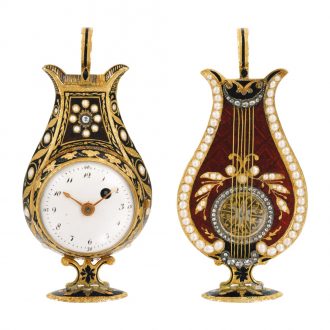 Swiss gold enamel and pearl set lyre-form watch Circa 1810