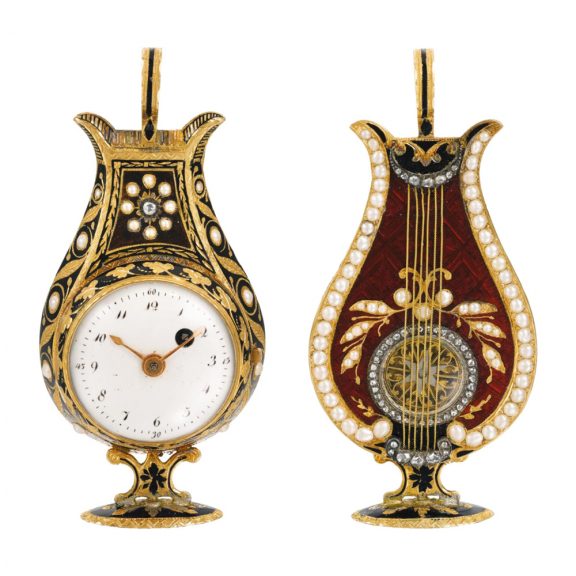Swiss gold enamel and pearl set lyre-form watch Circa 1810