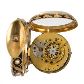 Swiss gold enamel and pearl set lyre-form watch Circa 1810