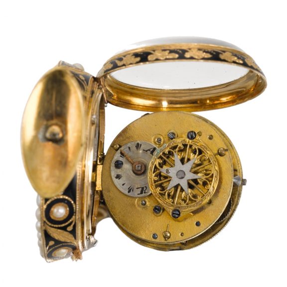 Swiss gold enamel and pearl set lyre-form watch Circa 1810 Swiss gold enamel and pearl set lyre-form watch Circa 1810