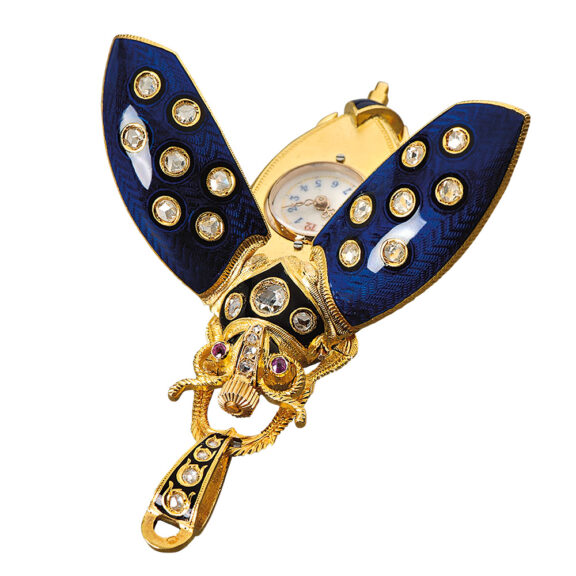 Swiss gold, enamel and diamond set scarab form watch Circa 1870