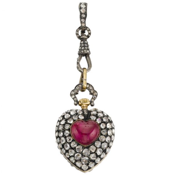Swiss/French gold and diamond set heart-form watch Circa 1890 Swiss/French gold and diamond set heart-form watch Circa 1890