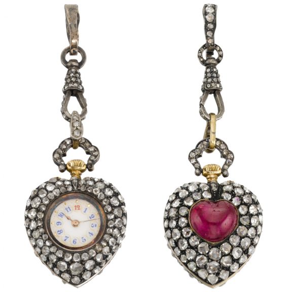 Swiss/French gold and diamond set heart-form watch Circa 1890