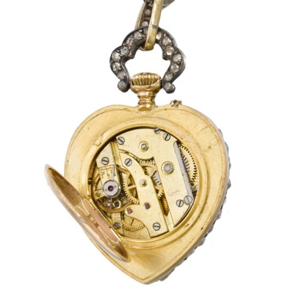 Swiss/French gold and diamond set heart-form watch Circa 1890 Swiss/French gold and diamond set heart-form watch Circa 1890