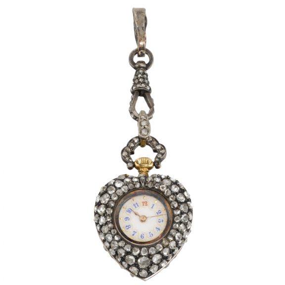 Swiss/French gold and diamond set heart-form watch Circa 1890 Swiss/French gold and diamond set heart-form watch Circa 1890
