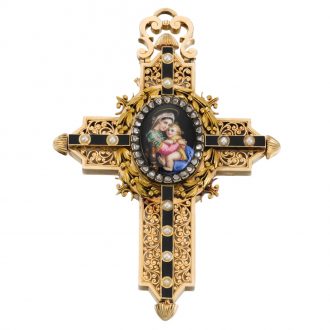 Swiss cruciform watch with polychrome enamel painting Circa 1880.