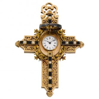 Swiss cruciform watch with polychrome enamel painting Circa 1880.