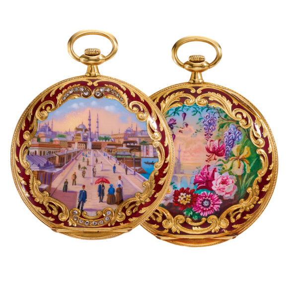 Swiss gold watch with enamel scene for Egypt Circa 1912