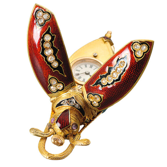 Swiss gold, enamel and diamond set scarab form watch Circa 1870 Swiss gold, enamel and diamond set scarab form watch Circa 1870
