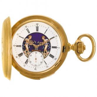 Rare Swiss gold minute repeating automaton watch Circa 1890 Rare Swiss gold minute repeating automaton watch Circa 1890