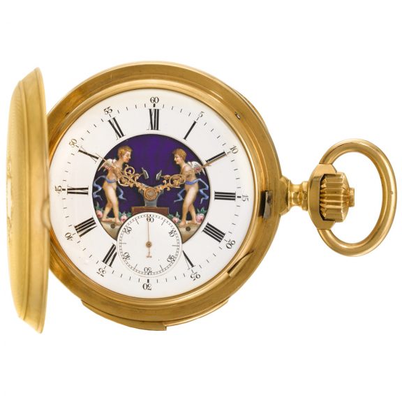 Rare Swiss gold minute repeating automaton watch Circa 1890 Rare Swiss gold minute repeating automaton watch Circa 1890