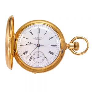 Swiss 18k gold hunting cased chronograph watch Circa 1871