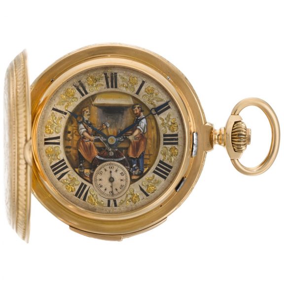 Swiss quarter repeating keyless lever automaton watch Circa 1890