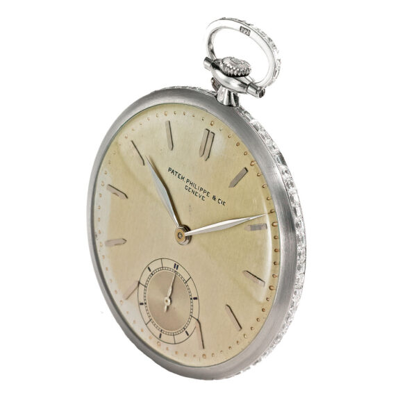 Thin Swiss diamond set platinum open faced watch Circa 1928 