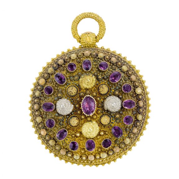 French watch set with amethysts and shell-form decoration Circa 1830 French watch set with amethysts and shell-form decoration Circa 1830