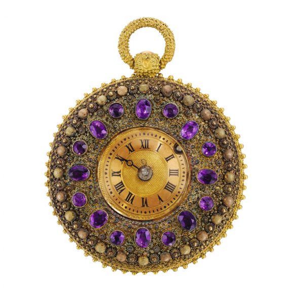 French watch set with amethysts and shell-form decoration Circa 1830 French watch set with amethysts and shell-form decoration Circa 1830