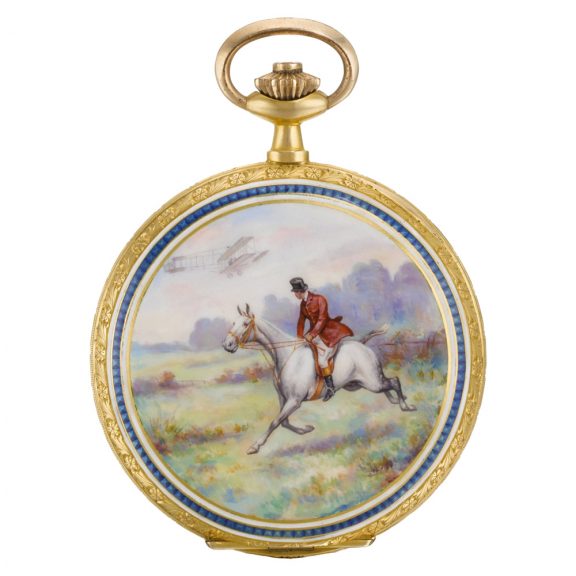 Swiss gold enamel hunting-cased keyless lever watch Circa 1910 Swiss gold enamel hunting-cased keyless lever watch Circa 1910