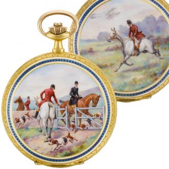 Swiss gold enamel hunting-cased keyless lever watch Circa 1910