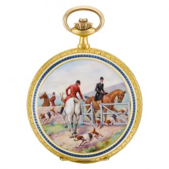 Swiss gold enamel hunting-cased keyless lever watch Circa 1910