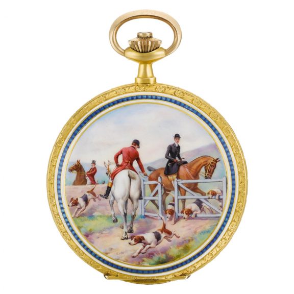 Swiss gold enamel hunting-cased keyless lever watch Circa 1910 Swiss gold enamel hunting-cased keyless lever watch Circa 1910