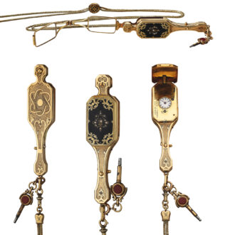 Swiss gold enamel and diamond set folding lorgnette with a concealed watch Circa 1850