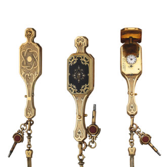 Swiss gold enamel and diamond set folding lorgnette with a concealed watch Circa 1850