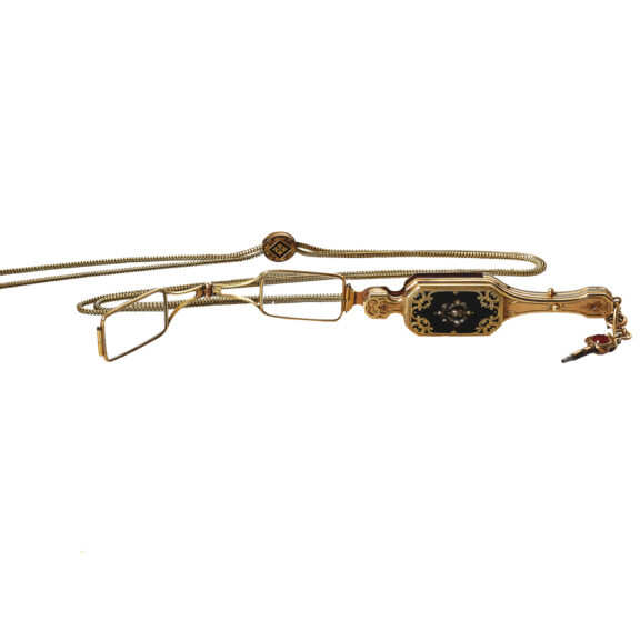 Swiss gold enamel and diamond set folding lorgnette with a concealed watch Circa 1850