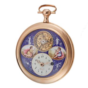 Swiss verge with enamel painting and visible balance Circa 1800