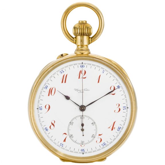 Swiss open faced keyless chronograph pocket watch Circa 1910