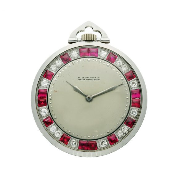 Swiss platinum diamond and ruby set open faced watch Circa 1904 Swiss platinum diamond and ruby set open faced watch Circa 1904