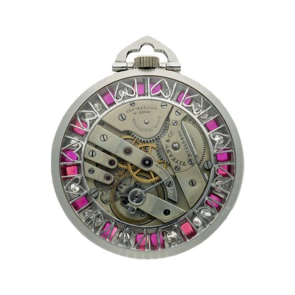 Swiss platinum diamond and ruby set open faced watch Circa 1904 Swiss platinum diamond and ruby set open faced watch Circa 1904