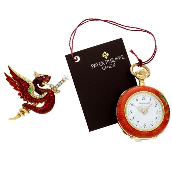 Swiss gold, enamel watch pocket with associated pendant Circa 1897 Swiss gold, enamel watch pocket with associated pendant Circa 1897