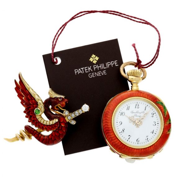 Swiss gold, enamel watch pocket with associated pendant Circa 1897 Swiss gold, enamel watch pocket with associated pendant Circa 1897
