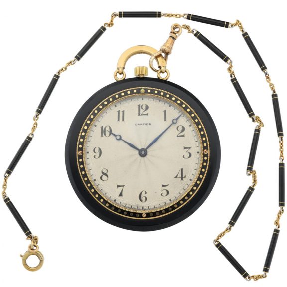 French gold and onyx lever pocket watch with chain Circa 1920 French gold and onyx lever pocket watch with chain Circa 1920