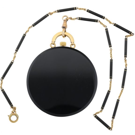French gold and onyx lever pocket watch with chain Circa 1920 French gold and onyx lever pocket watch with chain Circa 1920