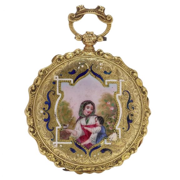 Swiss 18K gold pocket watch with painted portrait Circa 1880