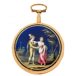 Swiss 18 carat gold and enamel verge watch with date Circa 1900