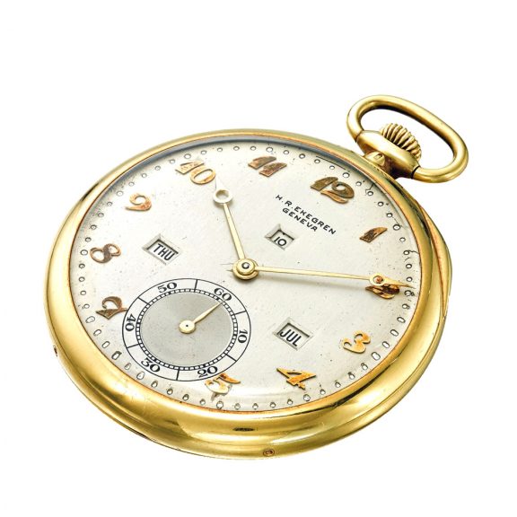 Danish 18k gold open faced triple calendar watch Circa 1920 Danish 18k gold open faced triple calendar watch Circa 1920