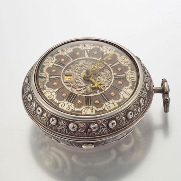 English repousse verge with date and enamel painting Circa 1730 English repousse verge with date and enamel painting Circa 1730