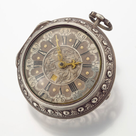 English repousse verge with date and enamel painting Circa 1730 English repousse verge with date and enamel painting Circa 1730