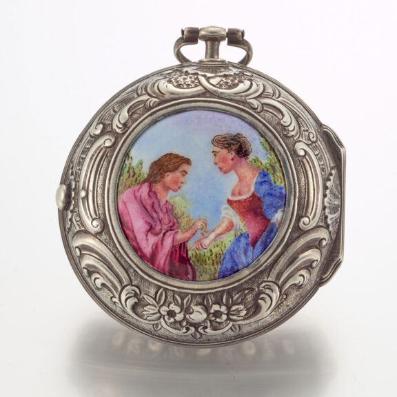 English repousse verge with date and enamel painting Circa 1730 English repousse verge with date and enamel painting Circa 1730