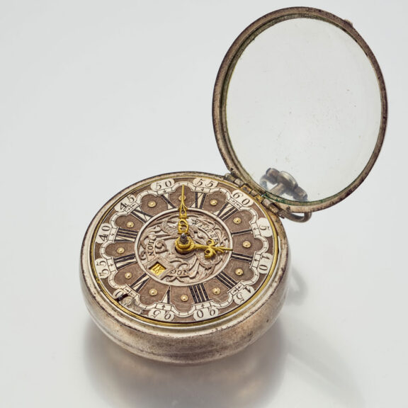 English repousse verge with date and enamel painting Circa 1730 English repousse verge with date and enamel painting Circa 1730