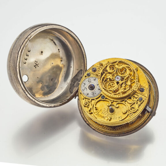 English repousse verge with date and enamel painting Circa 1730 English repousse verge with date and enamel painting Circa 1730